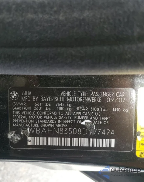 2008 BMW 750 Li z USA, uszkodzony, nr VIN WBAHN83508DT77424